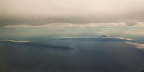Aerial panoramic view to Pico and Sao Jorge islands, Azores, Portugal