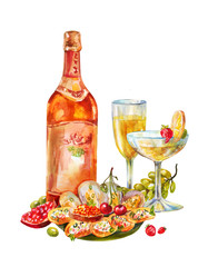 Vintage watercolor illustration with champagne or wine. Two glasses, fruits, seafood and the bottle isolated