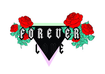 Forever Love text with red roses, trendy fashion print.
