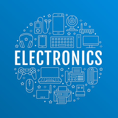 Electronics circle poster with flat line icons. Wifi internet connection technology signs. Computer, smartphone, laptop, fax, headphones, keyboard. Vector illustration for devices store brochure
