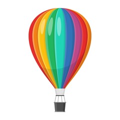 Aerostat Balloon transport with basket icon isolated on white background, Cartoon rainbow air-balloon ballooning adventure flight, ballooned traveling flying toy, Vector illustration