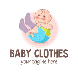 Vector illustration of funny independent child putting on socks. Baby Clothes Logo. Kids store mascot. Design for print, emblem, t-shirt, party decoration, sticker, logotype.