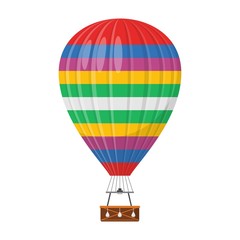 Naklejka premium Aerostat Balloon transport with basket icon isolated on white background, Cartoon rainbow air-balloon ballooning adventure flight, ballooned traveling flying toy, Vector illustration