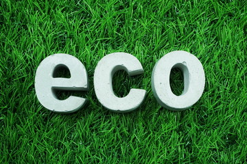 Eco made from concrete alphabet top view on green grass