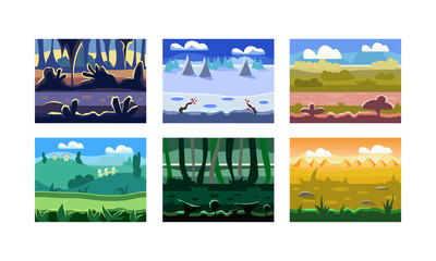 Flat vector set of 6 seamless backgrounds for computer and mobile game. Cartoon natural landscapes