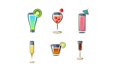 Set of refreshing summer cocktails in glasses. Alcoholic drinks. Cartoon vector elements for menu or party poster