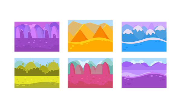 Flat vector set of seamless backgrounds for mobile game. Landscapes with hills, forests, snowy mountains and pyramids
