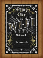 Wifi access lettering flyer for cafe bar. Vintage hand drawn chalkboard illustration concept. Grunge typographic poster i