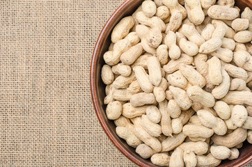 Peanuts in the peel on a light burlap.