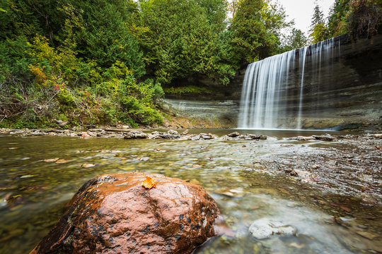 feuille sur rocher au pied de la chute d'eau de Bridal Veil sur l'ile Manitoulin au Canada en Ontario