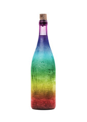 Old bottle of wine in a rainbow colored bottle, covered in dust
