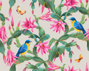 Zygocactus flowers and colorful birds. Seamless background pattern version 5