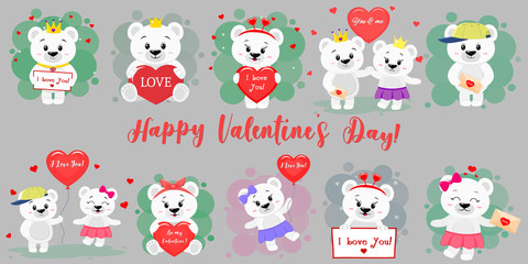 Obraz premium Happy Valentine s Day. Mega set of twelve characters of a cute polar bear in various poses and accessories in cartoon style. With a red heart, balloon, letter. Flat design vector