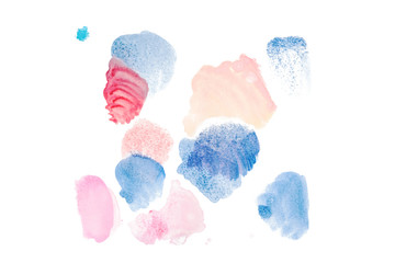 Abstract watercolor pink, blue and red spills isolated on white