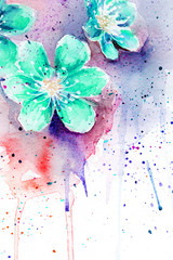 spring bloom. cherry blossom flowers drops splashes watercolor. pollen