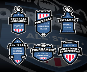 Set of American football logos, emblems, labels on a dark background. © makstrv