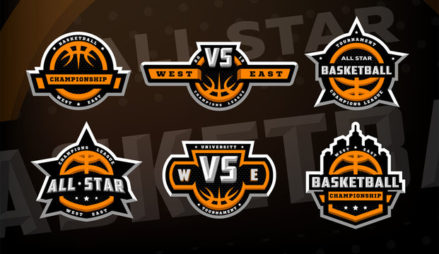 Set of basketball logos, emblems, labels on a dark background.