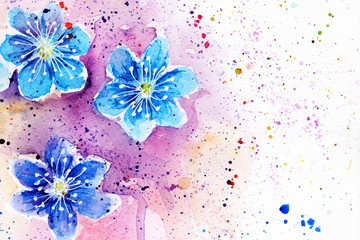 spring bloom. cherry blossom flowers drops splashes watercolor. pollen