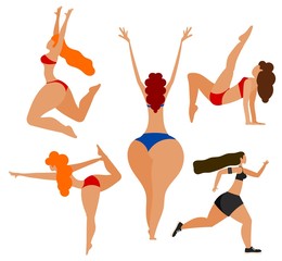 Summer Active holiday on the beach  set girls actively having  rest on the seashore collection of silhouettes of women in various poses of yoga Summer sport Running yoga beach rest Vector illustration