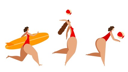 Summer rest. Three women relaxing on the beach. Volleyball, surfing, summer sports. Set of female figures on a white background. Isolate Vector illustration