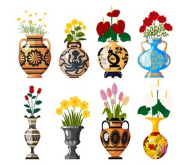 Set of old antique amphoras with blooming flowers for decoration and interior design on a white background. Chamomile, tulip, poppy, rose, narcissus, lilac. Vector illustration