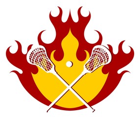 Lacrosse putter and ball on fire background. Flames with sticks for lacrosse. Vector illustration.
