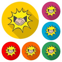 Business agreement handshake or friendly handshake, Partnership icon or logo, color set  with long shadow