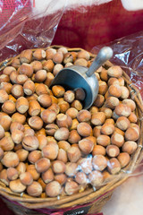 Hazelnuts with scoop, for self-service in the organic market, healthy food.