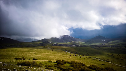 Obraz premium Cloudy Landscape of Mavrovo national park with mountain, FYR Mac