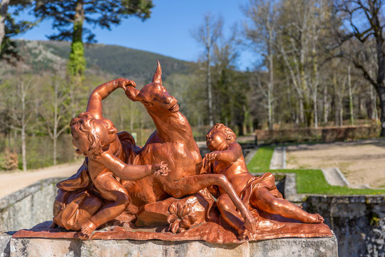 Mythological sculptures in the gardens of the Royal Palace of La Granja de San Ildefonso, Spain