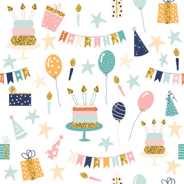 Seamless pattern with holiday objects. Cute birthday print. Vector hand drawn illustration.