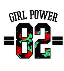 Girl power text with number and rose flowers.Varsity print in vector. - 243463463