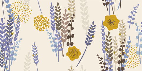 Naklejki  Modern Floral Lavender Pattern.  Lavender and spring flowers on a light background. Hand-drawn vector illustration. Seamless ornament for decor, wallpaper, gift paper, souvenir and patchwork design