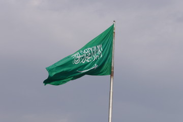The flag of the Kingdom of Saudi Arabia on a flagpole