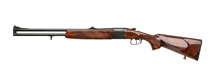 double-barreled hunting rifle with 308-gauge rifled barrels isolated on white