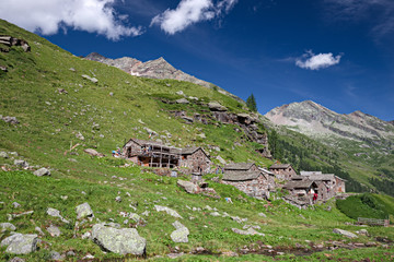 Fototapeta na wymiar A group of huts on a mountain pasture nestling in a valley on the slopes of Monte Rosa in Piedmont, Italy.