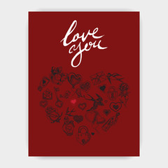 Vector illustration sketch hand drawn elements. Romantic, love, hearts, sweets, flowers, gifts. Card Valentine's day.