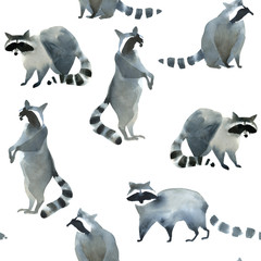 Watercolor realistic forest animal sketch. Seamles pattern about many of raccoons © Kateryna