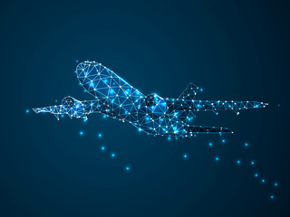 Abstract image of a airline low poly abstract illustration consisting of points, lines, and shapes in the form of planets, stars and the universe. Vector digit wireframe concept. business concept