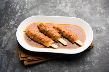 Soya Chaap Curry served in a bowl. Healthy recipe popular in India and Pakistan