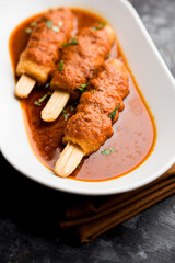 Soya Chaap Curry served in a bowl. Healthy recipe popular in India and Pakistan