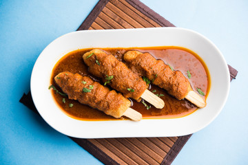 Soya Chaap Curry served in a bowl. Healthy recipe popular in India and Pakistan