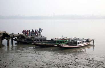 Misty morning on the holiest of rivers in India. Ganges delta in Sundarbans, West Bengal, India 