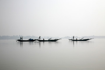 Misty morning on the holiest of rivers in India. Ganges delta in Sundarbans, West Bengal, India 