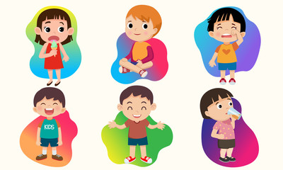 Children's characters with smiles, laughs, crying and various emotions