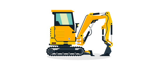 Mini excavator, commercial vehicles, construction equipment. Small construction excavator. Vector illustration