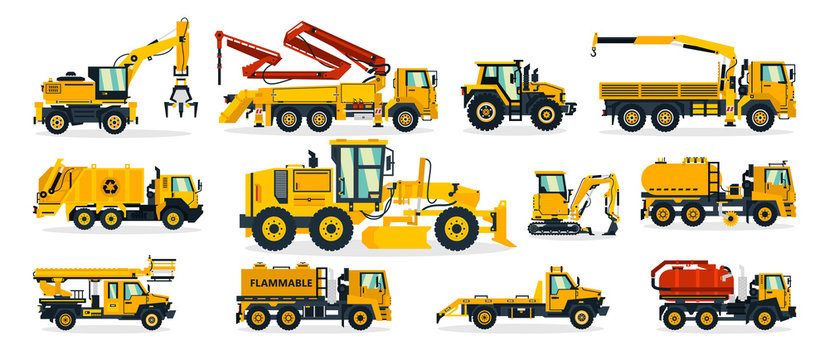 Set of construction equipment. Excavator, tractor, concrete pump, crane, garbage truck, grader, fuel truck, tow truck. Service vehicle. Vector illustration