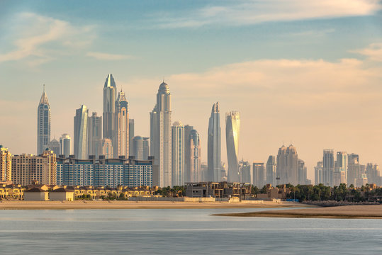 Dubai marina skyline at sunset, United Arab Emirates