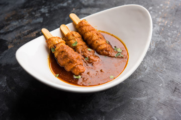 Soya Chaap Curry served in a bowl. Healthy recipe popular in India and Pakistan