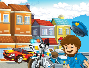 Naklejka premium cartoon scene with police motorcycle driving through the city policeman - illustration for children
